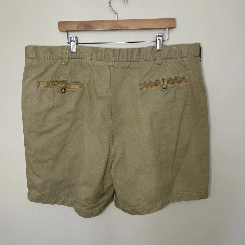 Vintage‎ Orvis Duck Cloth Canvas Shorts Men's 44 Beige Leather Trim Flat Front